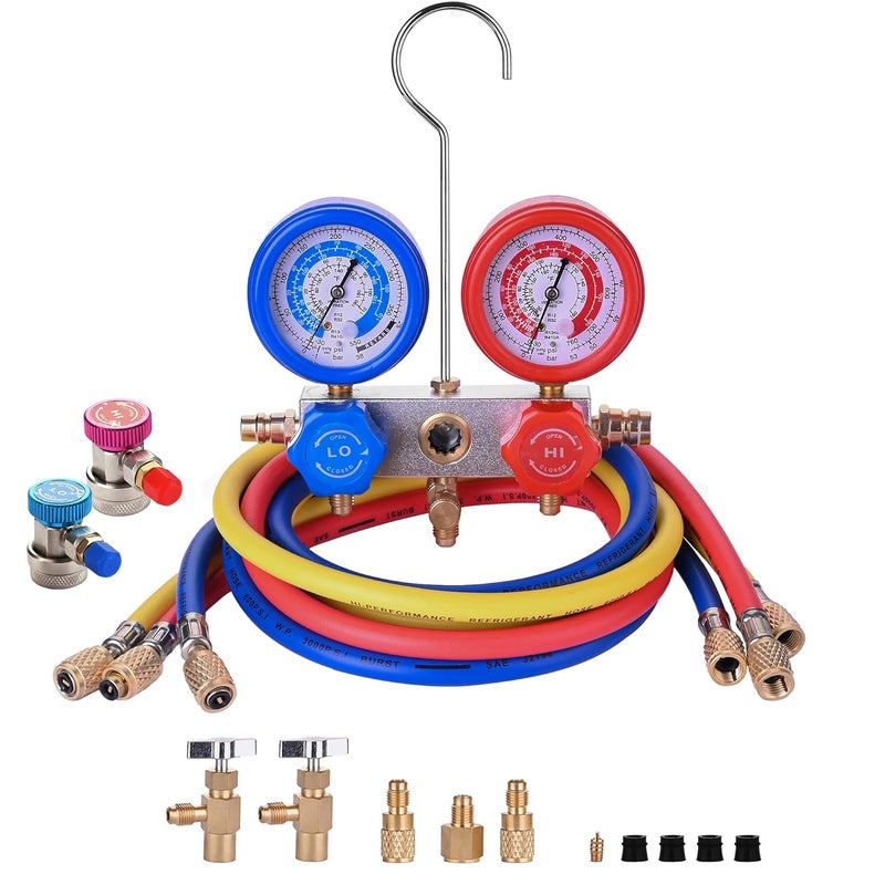 BACOENG AC Gauge Set for R32 R134a R410a R12, Automotive A/C Refrigerant Recharge Kit HVAC Manifold Gauge Set with 5FT Hoses, Quick Couplers, Puncture and Self Sealing Can Tap - Image 1